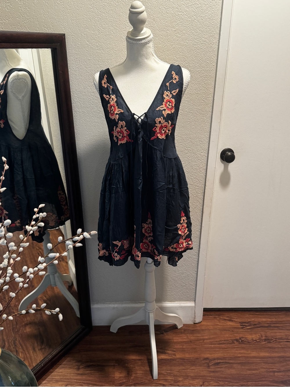 NWT Free People Dark Navy Lace Up Embroidered Floral Mini Dress Size Medium